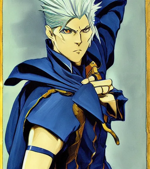 Image similar to j. c. leyendecker painting of an anime vergil from dmc, direct flash photography at night, film grain