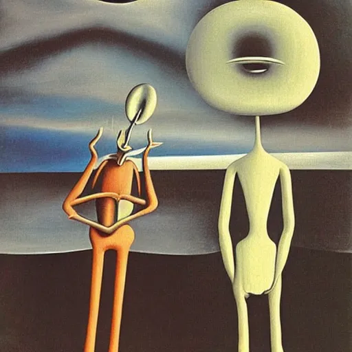 Image similar to Two extremely tall mechanical beings in a deep conversation. Dali. Yves Tanguy.