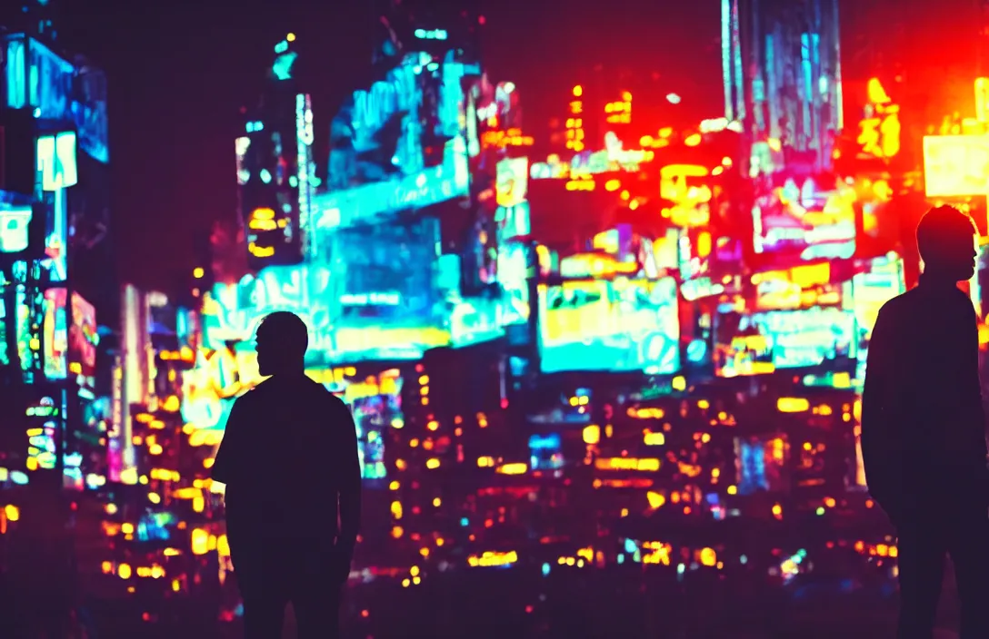 Prompt: one man silhouette standing in front of a cyberpunk city, neon lights, bokeh, award wining photograph, movie still,