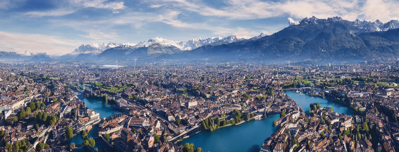 Image similar to Photo of Zurich, looking down the Limmat and the lake and the alps, wide angle, volumetric light, hyperdetailed, light blue water, artstation, cgsociety, 8k