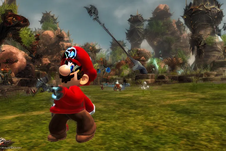 Prompt: Mario in the world of Guild Wars 2, game graphics, highly detailed