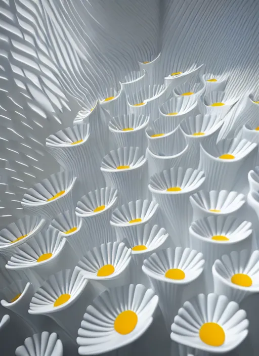 Image similar to bright white zen livingroom with walls made of smooth daisies by zaha hadid, up close shot, sharp focus, global illumination, radiant light, irakli nadar, octane highly render, 4 k, ultra hd,