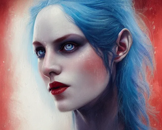 Image similar to A detailed matte oil on canvas head on symmetrical portrait of a distinguished elven woman with red and blue hair on an empty background, by Charlie bowater, Lise Deharme, Wlop, trending on artstationhd, dungeons and dragons art, parted hair , half blue, half red , split dye, critical role