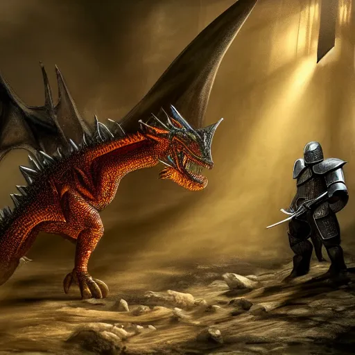 Image similar to photo of an armored knight confronting a large red scaly dragon sleeping on a mountain of human bones in a dark dusty cave with a ray of light shining on it\'s face. The knight is very small in comparison to the dragon. The cave shines with gemstones and gold. Very detailed 8k. fantasy