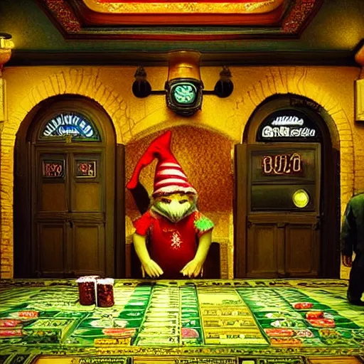 Image similar to “ drug addicted gnomes raid the casino monte carlo, daring robbery scene, cinematic scene, imax quality, psychedelic, atmospheric, shadowy, diffuse lighting, fantasy, intricate, highly detailed ”