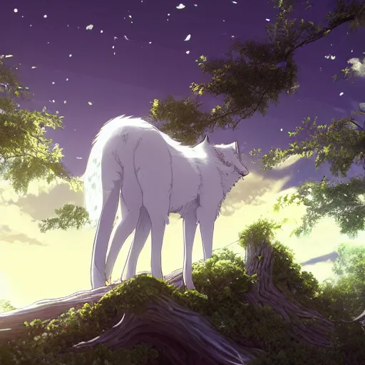 Prompt: highly detailed digital art of a magestic white wolf standing on an overgrown fallen tree trunk, lush surroundings, warm sunshine, kimi no na wa, trending on artstation, by makoto shinkai