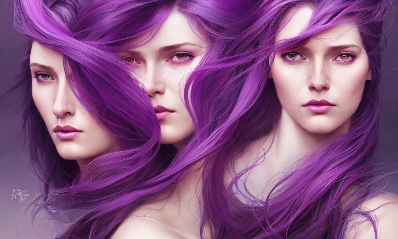 Image similar to Portrait of a woman with bright colored flying hair, all shades of purple. Hair coloring, amber eyes, face, long hair, fantasy, intricate, elegant, highly detailed, digital painting, artstation, concept art, smooth, sharp focus, illustration, art by artgerm and greg rutkowski and alphonse mucha