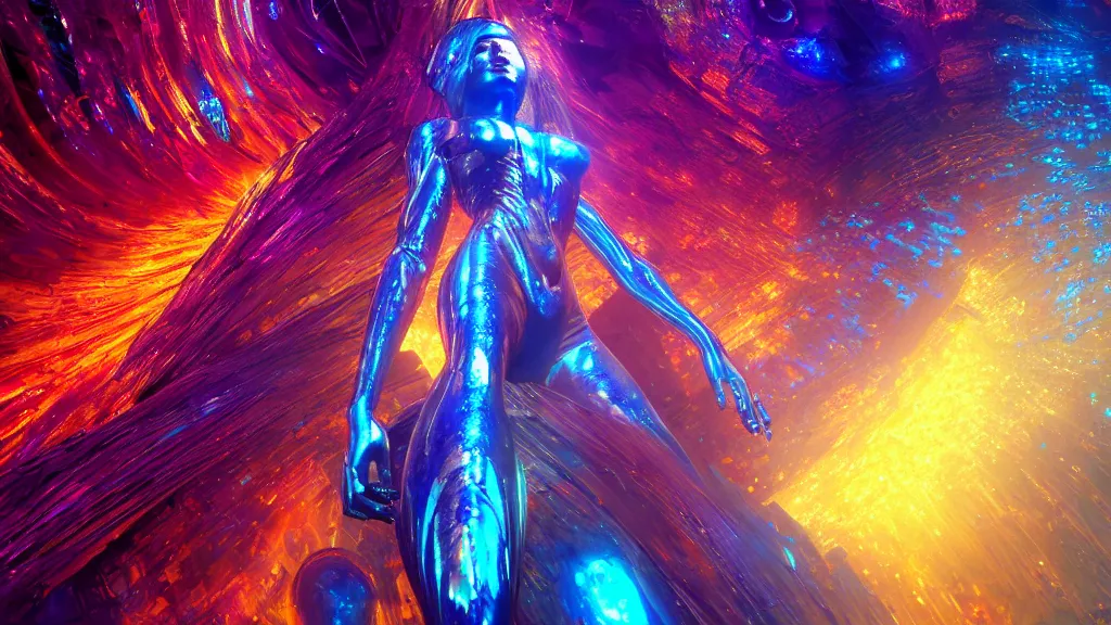 Prompt: giant blue dmt entity goddess, golden hyperspace crystal palace, iridescent chrome rainbows, Wadim Kashin, artgerm, XF IQ4, f/1.4, ISO 200, 1/160s, 8K, RAW, featured in artstation, octane render, cinematic, elegant, intricate, 8k