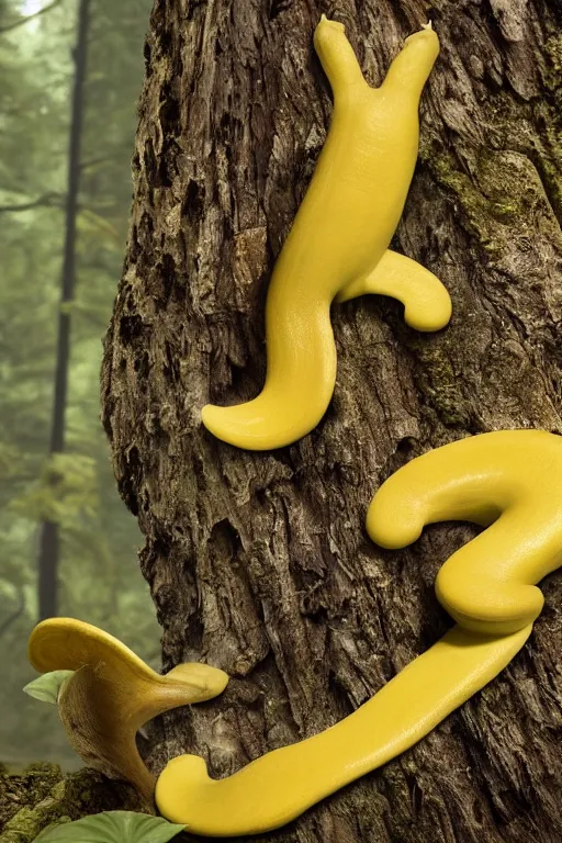 Image similar to A brilliant yellow banana slug with deer antlers, poised magnificently on a tree stump deep in a redwood forest, magical, deep woods, octane render, 8k,realism, insanely detailed, intricate, natural lighting, illustrated by TamberElla, national geographic wildlife photography, digital art, fantasy creature, realistic Trending on artstation, artstationHD, artstationHQ, 4k, 8k