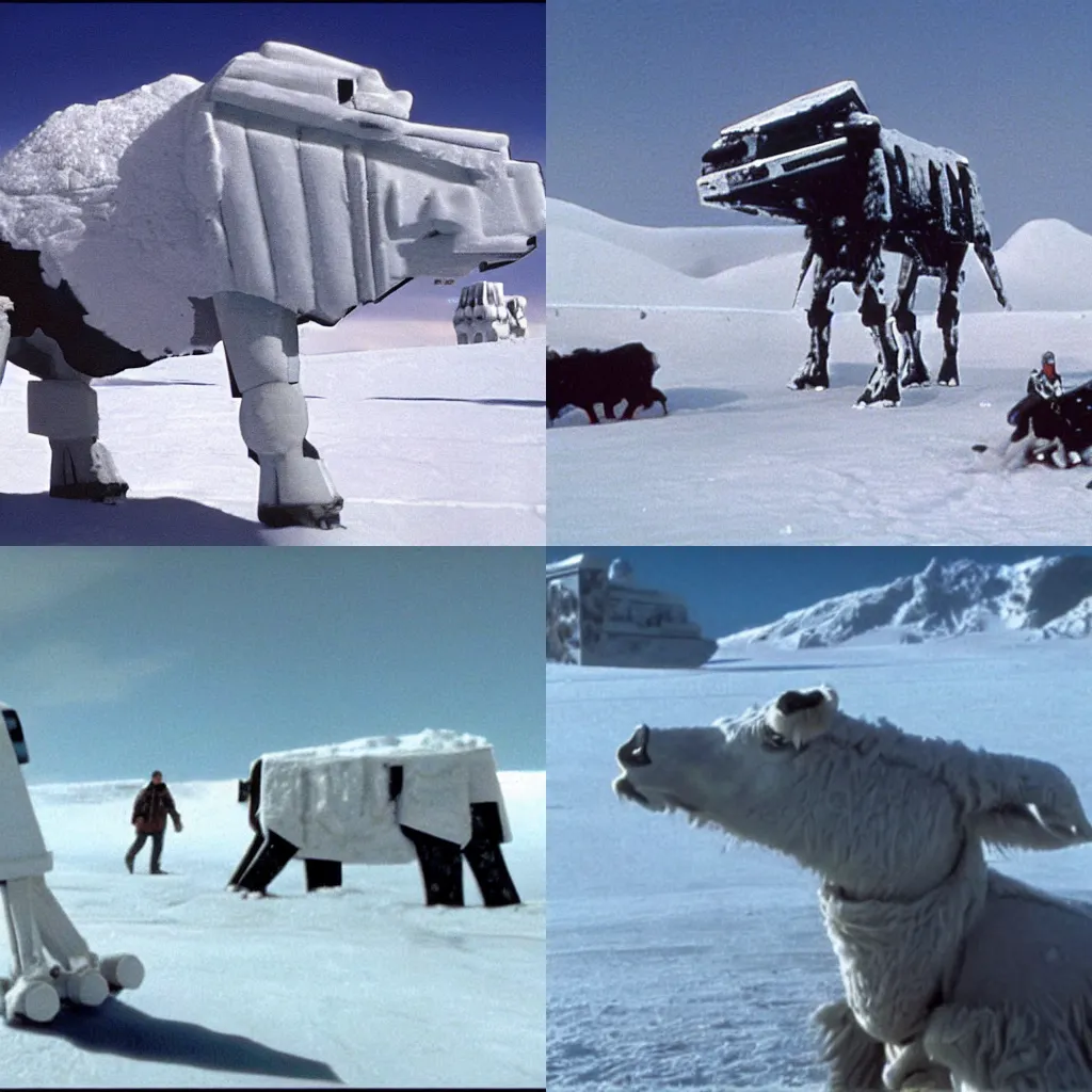 Prompt: a giant cow AT-AT on Hoth in the movie Star Wars The Empire Strikes Back