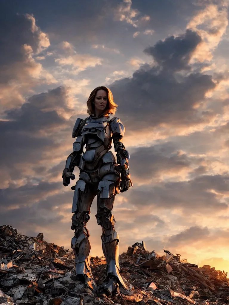 Image similar to emily blunt in futuristic power armor, solitary figure standing atop a pile of rubble, sunset and big clouds behind her