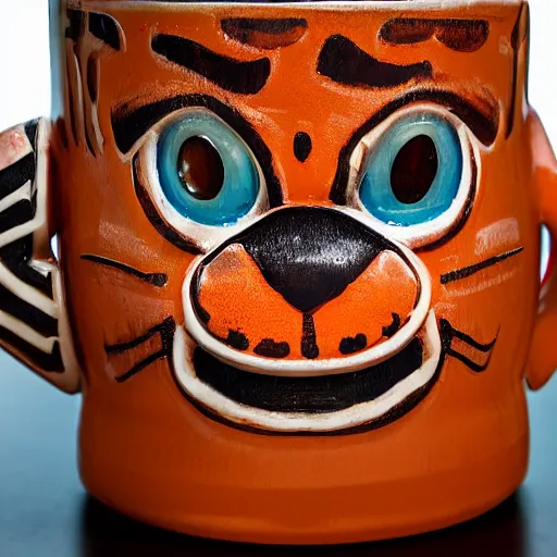 Image similar to a closeup photorealistic photograph of an orange cat garfield style tiki mug sitting at a trader vic's bar featuring garfield's face. tiki party. bright scene. fine detail. this 4 k hd image is trending on artstation, featured on behance, well - rendered, extra crisp, features intricate detail, epic composition and the style of unreal engine.