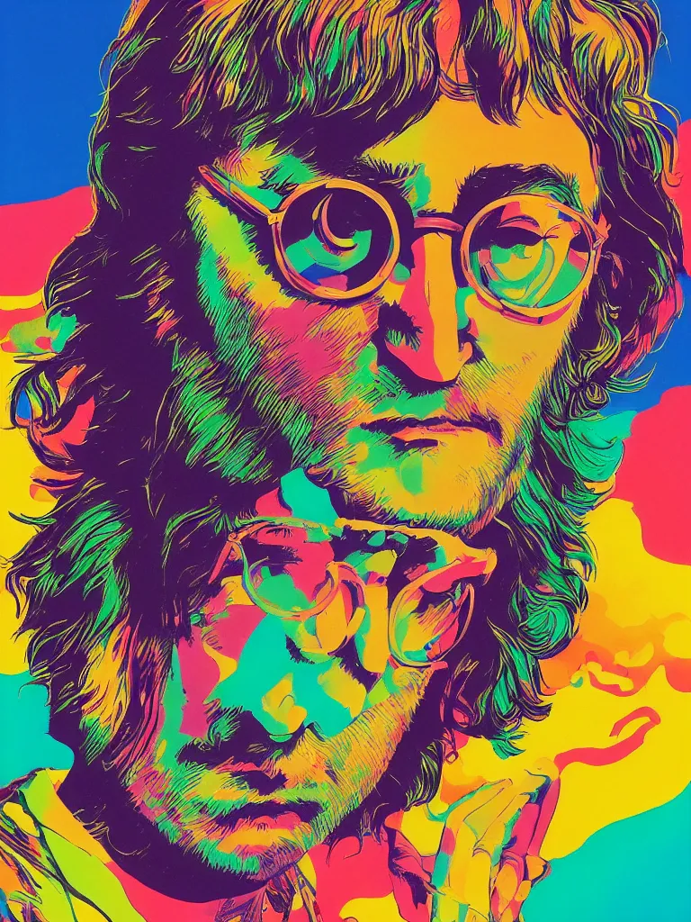 Image similar to a closeup portrait of john lennon wearing colorful psychedelic clothing, taking mind altering drugs, a blotter paper of lsd acid and dreaming psychedelic hallucinations in a vast beautiful landscape, by kawase hasui, moebius, edward hopper, colorful flat surreal design, dramatic lighting, hd, 8 k, artstation