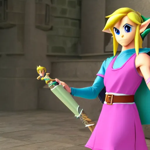 Prompt: Link from The Legend of Zelda in a pink dress, fully detailed, high quality , 4k , octane render , soft lightening , masterpiece