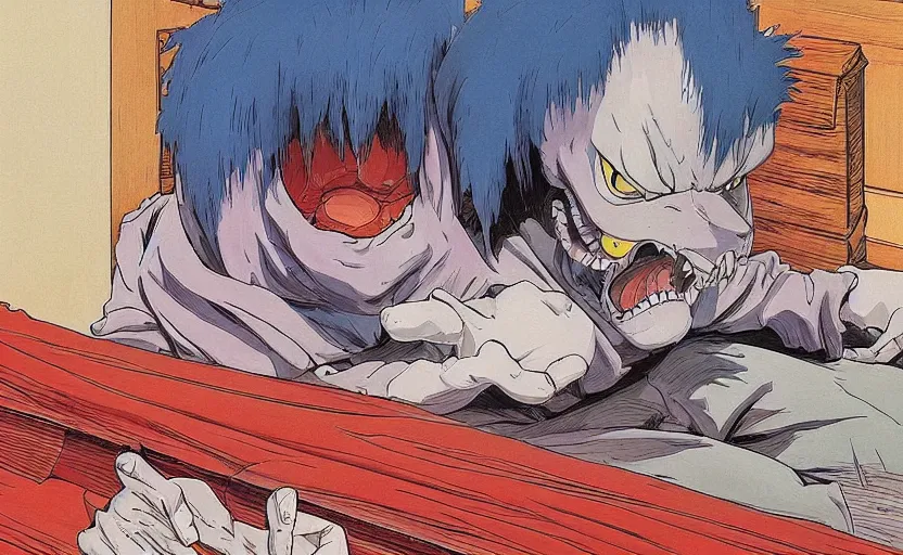 Image similar to the demon awoke from its slumber beneath the bed frame, digital painting masterpiece, haunting beautiful brush strokes, painted by Moebius and Hayao Miyazaki and Akira Toriyama