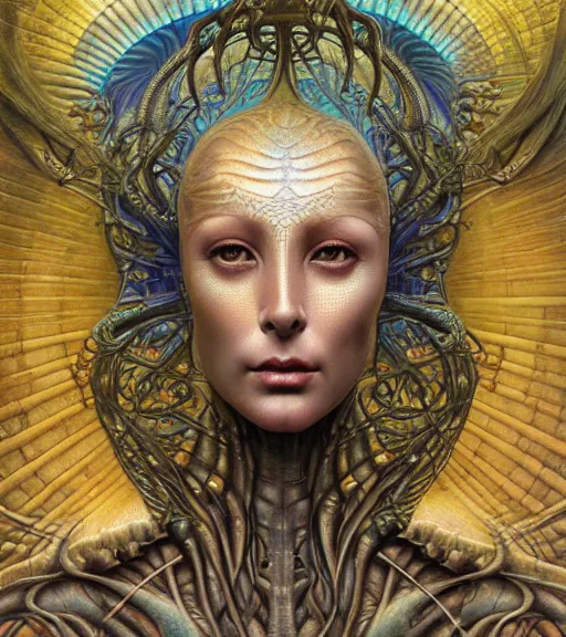 Image similar to detailed realistic beautiful young cher alien robot as queen of mandelbulb 3 d portrait by jean delville, gustave dore and marco mazzoni, art nouveau, symbolist, visionary, baroque. horizontal symmetry by zdzisław beksinski, iris van herpen, raymond swanland and alphonse mucha. highly detailed, hyper - real, beautiful