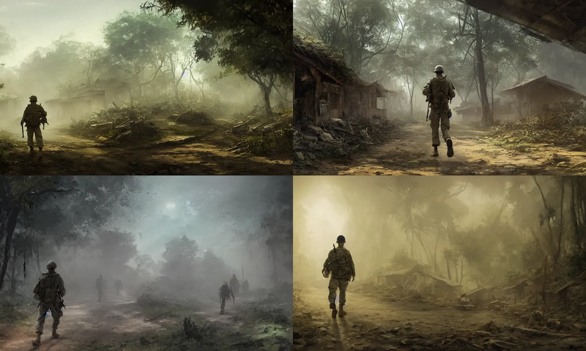 Image similar to Futuristic matte painting of a US soldier in the Vietnam War walking through an abandoned Vietcong village, volumetric light scattering, highly detailed, digital art, Andreas Rocha, Greg Rutkowski, Darek Zabrocki, ArtStation, CGSociety, Unreal Engine, 4K, 8K