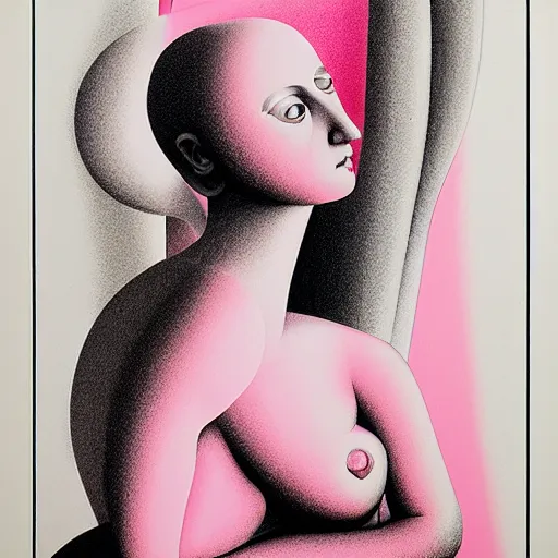 Image similar to pink and white lithography on paper conceptual figurative ( post - morden ) monumental dynamic portrait drawn by hogarth and escher and francis bacon, inspired by goya, illusion surreal art, highly conceptual figurative art, intricate detailed illustration, controversial poster art, polish poster art, geometrical drawings, no blur