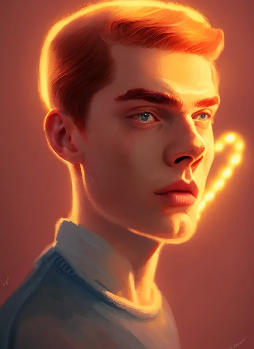 Image similar to portrait of archie andrews, freckles, curly middle part haircut, intricate, elegant, glowing lights, highly detailed, digital painting, artstation, concept art, smooth, sharp focus, illustration, art by wlop, mars ravelo and greg rutkowski