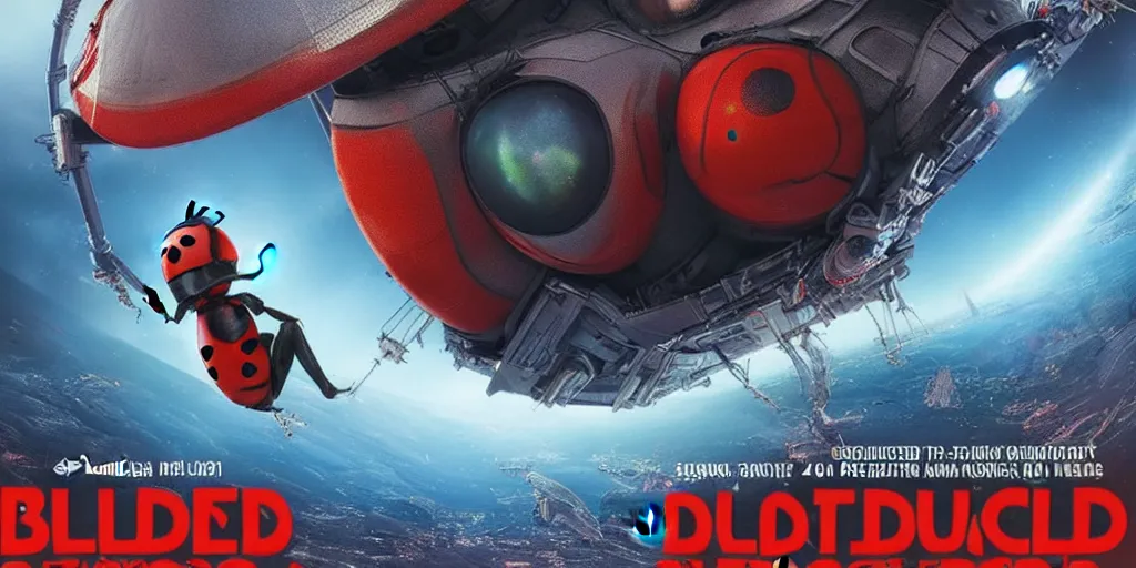 Prompt: a 3 d rendered movie still a ladybug descendant 1 million into the future. the ladybug is sentient, wears a spacesuit, and travels the stars in a super awesome space ship. science fiction blockbuster movie ladybugs rule the world, imax 7 0 mm. bladerunner, silent running