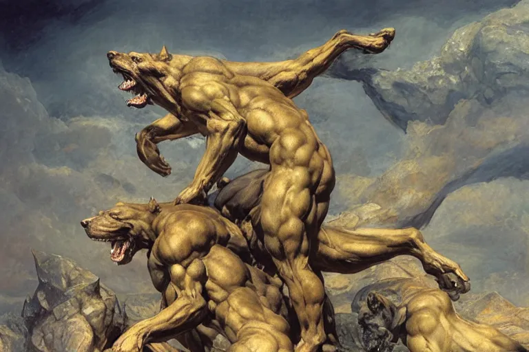 Image similar to hyperdetailed matte art of cerberus by william blake, ilya repin, amano, rene magritte, craig mullins