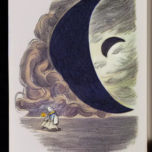 Image similar to crescent moon with man face smiling portrait, side view, surrounded by clouds, illustrated by peggy fortnum and beatrix potter and sir john tenniel