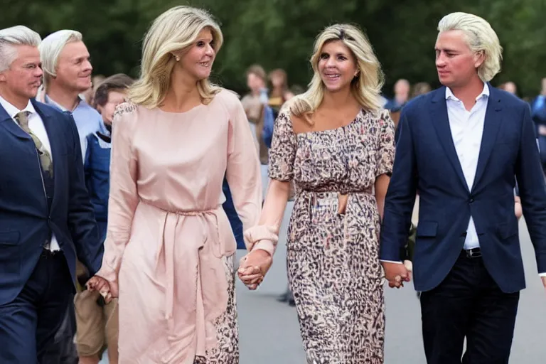 Prompt: princess maxima and geert wilders holding hands romatically