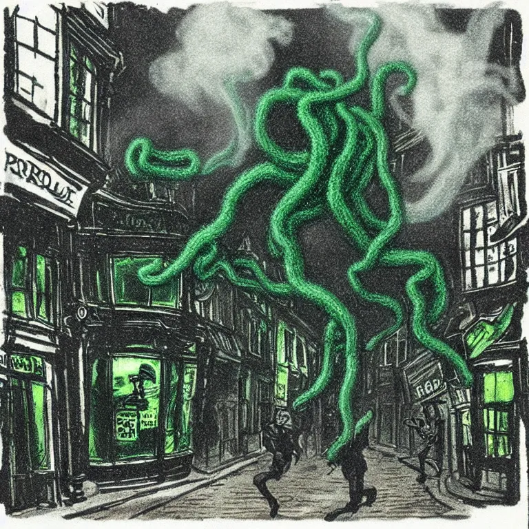 Prompt: black and dark green eldritch smoke and tendril monsters in a typical english high street. terrified people running and screaming. polaroid. photorealistic. highly detailed