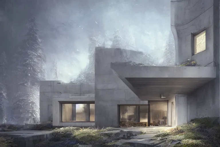 Prompt: brutalist futuristic white residence, pacific northwest, by Jessica Rossier and Brian Froud