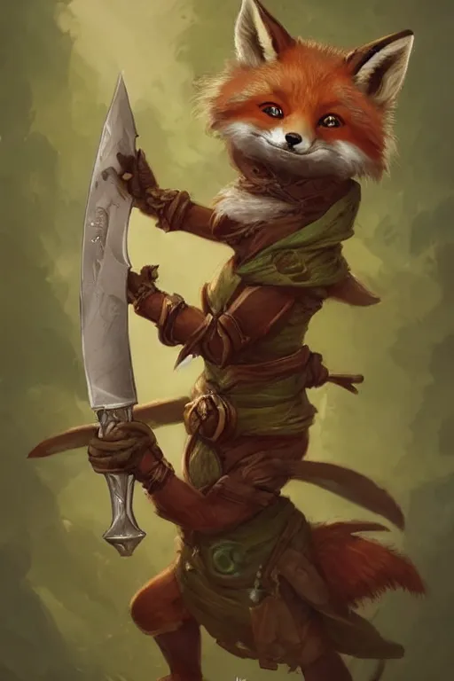 Image similar to cute little anthropomorphic fox, wielding a sword, tiny, small, short, green cloak, cute and adorable, pretty, beautiful, DnD character art portrait, matte fantasy painting, DeviantArt Artstation, by Jason Felix by Steve Argyle by Tyler Jacobson by Peter Mohrbacher, cinema