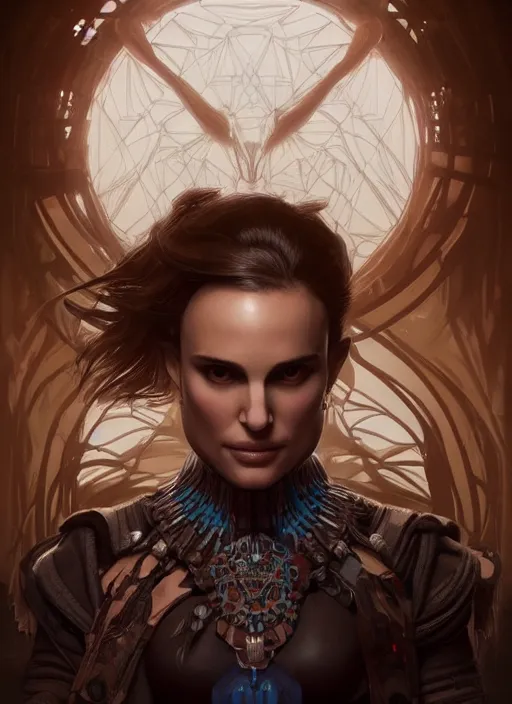 Image similar to symmetry!! portrait of natalie portman in the style of horizon zero dawn, machine face, intricate, elegant, highly detailed, digital painting, artstation, concept art, smooth, sharp focus, illustration, art by artgerm and greg rutkowski and alphonse mucha, 8 k