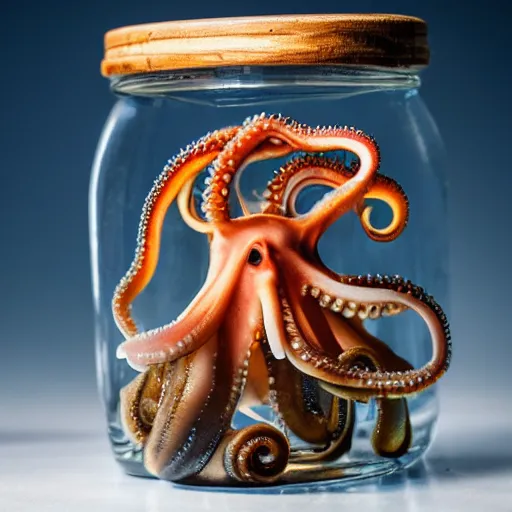 Prompt: octopus squeezing through a glass jar