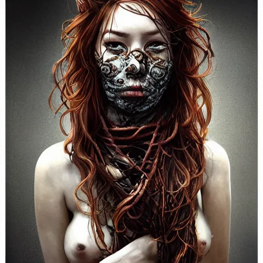 Image similar to portrait of a Shibari rope wrapped face and neck, headshot, insanely nice professional hair style, dramatic hair color, digital painting, of a old 13th century, traveler, amber jewels, baroque, ornate clothing, scifi, realistic, hyperdetailed, chiaroscuro, concept art, art by Franz Hals and Jon Foster and Ayami Kojima and Amano and Karol Bak,