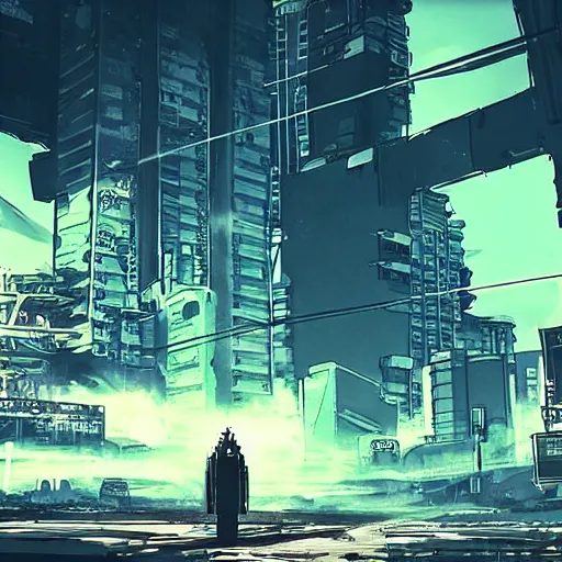 Image similar to “arasaka tower grounds being patrolled by mechs. Dystopian Anime background art in the style of Akira. HD hyperrealistic 8K photomode.”