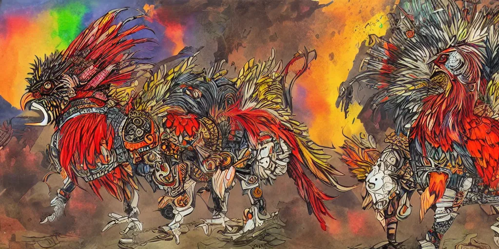 Image similar to colorful illustration of armoured warrior roosters, mix of styles, angry, aggressive, blood, battle