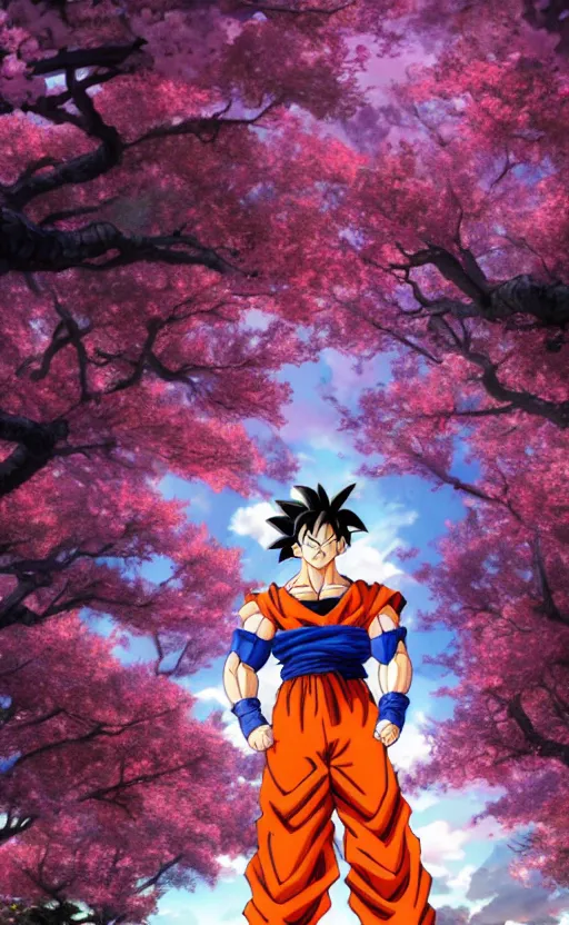 Image similar to an ultrawide photo of goku standing in front of sakura trees, studio ghibli concept art, detailed face, beautiful face, beautiful eyes, beautiful lighting, hdr, 4 k