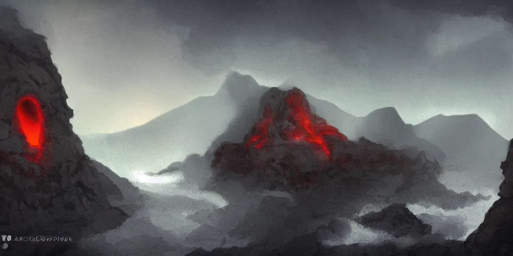 Image similar to ancient horror fantasy background, cliffs and peaks, foggy and lava light source