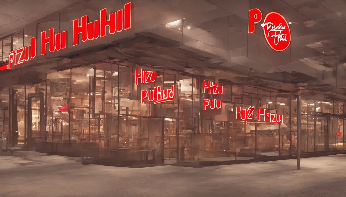 Prompt: futuristic Pizza Hut at night, view from outside, photorealistic