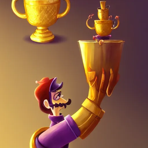 Image similar to waluigi holding golden cup, by lois van baarle, greg rutkowski, artstation, digital art, high detailed, high quality,