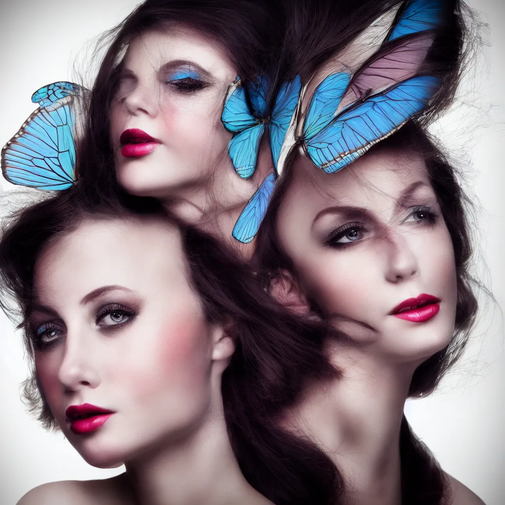 Prompt: a portrait photography of one beautiful woman morphing with wings of a butterlfy in the upper side of the face in style of Flora Borsi , fine art photography, professional soft studio lighting, 85 mm sigma art