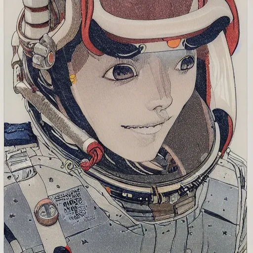 Image similar to portrait of female demon naraka astronaut painted in miyazaki color style drawn by katsuhiro otomo and takato yamamoto, high detail, intricate linework, sharp, smooth face, china doll face, high detail, manga and anime