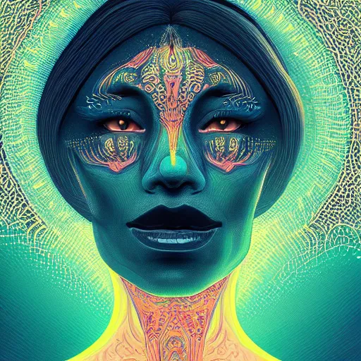 Image similar to A beautiful portrait, surreal, LSD, face, detailed, intricate, elegant, highly detailed, digital painting, artstation, smooth, sharp focus, illustration, art by Kilian Eng