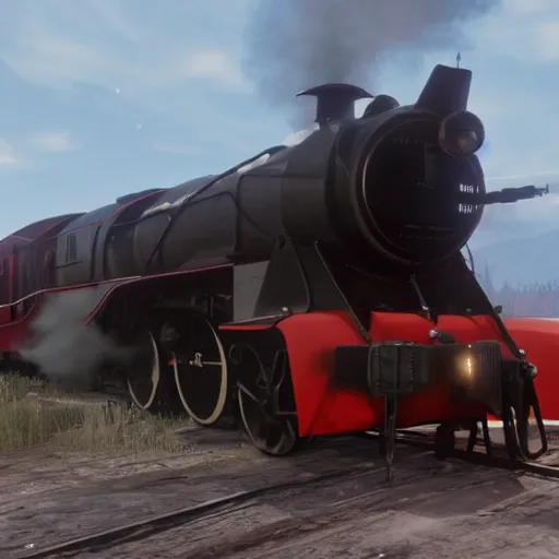 Image similar to futuristic sleek steam locomotive in red dead redemption 2