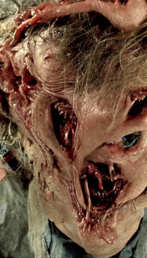 Image similar to a disgusting vile monster eating a man from The Thing, The Fly by Cronenberg and greg nicotero