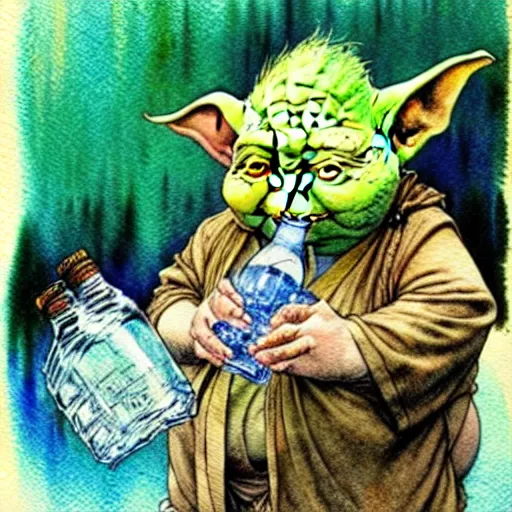 Prompt: a realistic and atmospheric watercolour fantasy character concept art portrait of a fat chibi homeless yoda drinking out of a broken bottle, by rebecca guay, michael kaluta, charles vess and jean moebius giraud