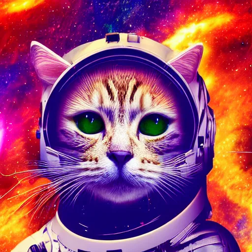 Prompt: epic scale space kitty, eyes like galaxies, flying through space, wearing a space suit and space helmet, soaring through the stars, ultra detailed, 4 k, 8 k, digital illustration