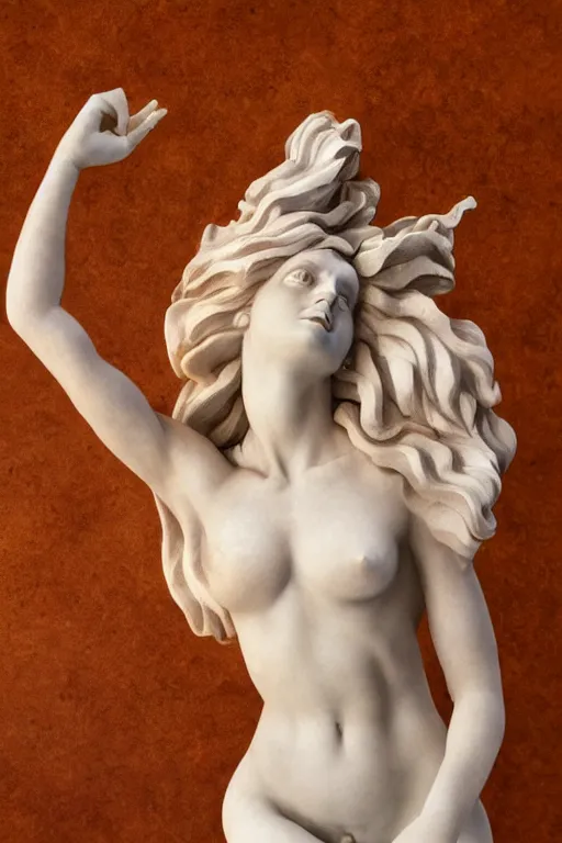 Prompt: Marble Sculpture of Aphrodite, photorealistic, volumetric lighting, inspired by The Birth of Venus by Sandro Botticelli, trending on artstation.