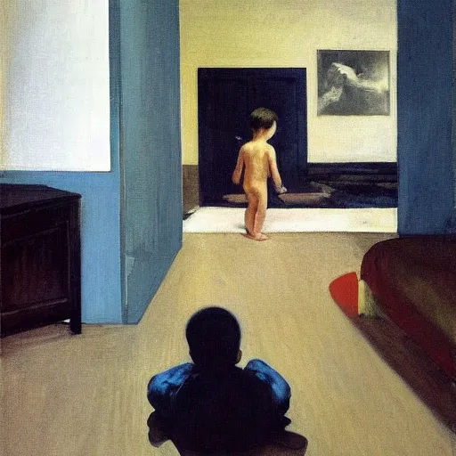 Image similar to a boy playing in a singaporean hdb flat, by edward hopper