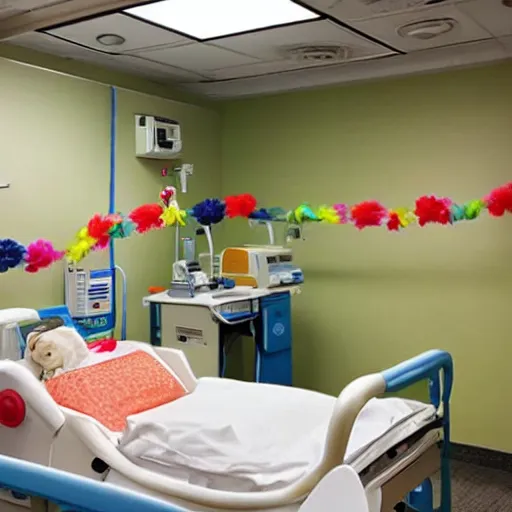 Prompt: a brightly lit hospital room with happy decorations