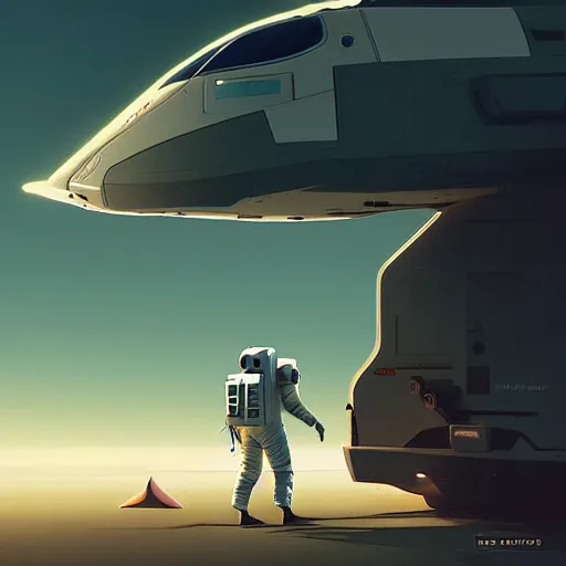 Image similar to ilustration astronaut unloading the spaceship before camping, characterized by roman shipunov, etienne hebinger, atey ghailan, cgsociety, cynical realism, fantasy art, 2 d game art